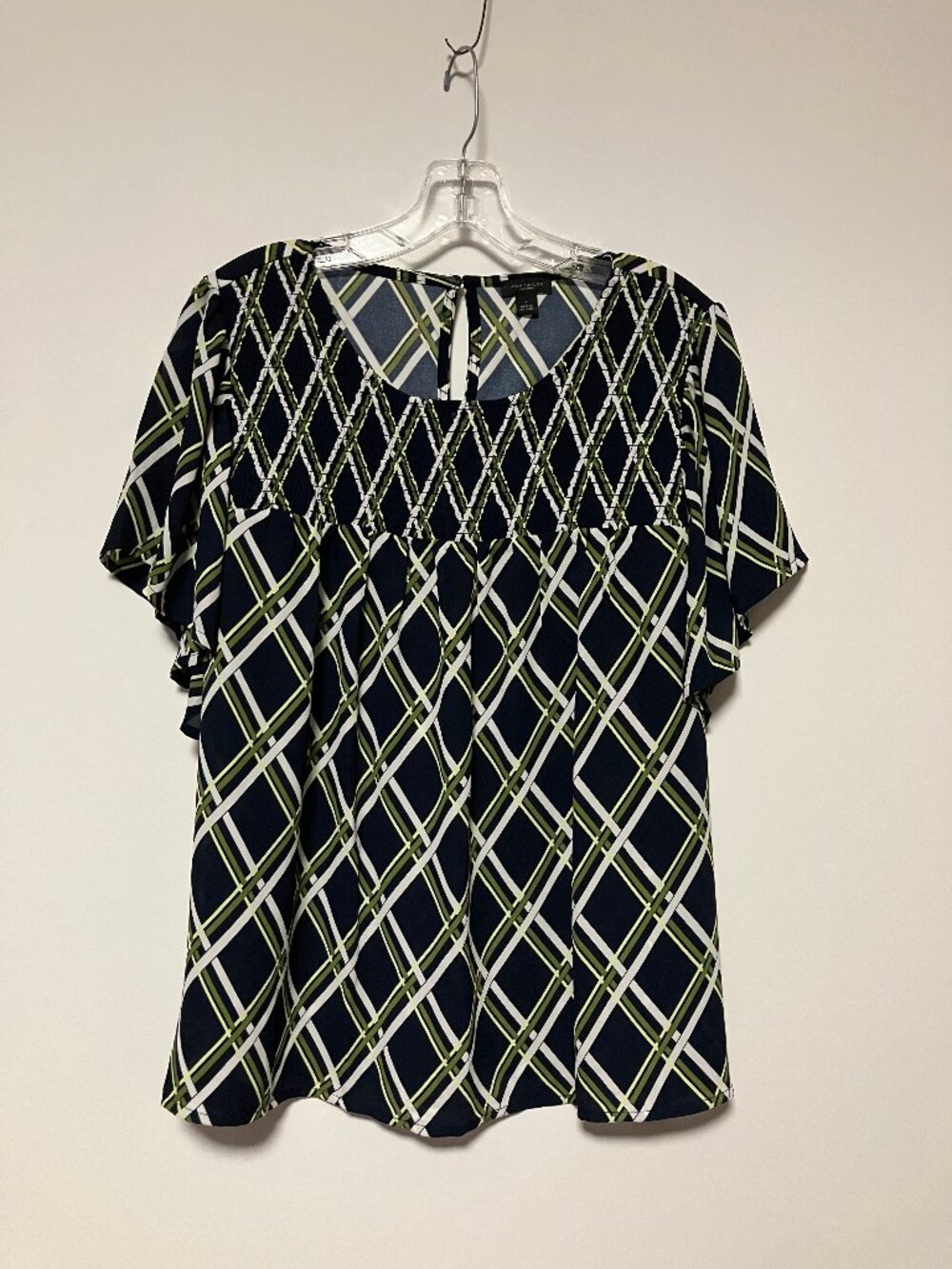 Ann Taylor Navy Green Plaid Smocked Yoke Flutter Sleeve Blouse Top, Size Large